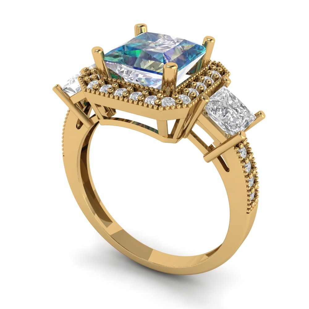 3.005 cttw Blue Moissanite Three-Stone Engagement Ring - Solid Gold (Princess Cut,7.0mm)