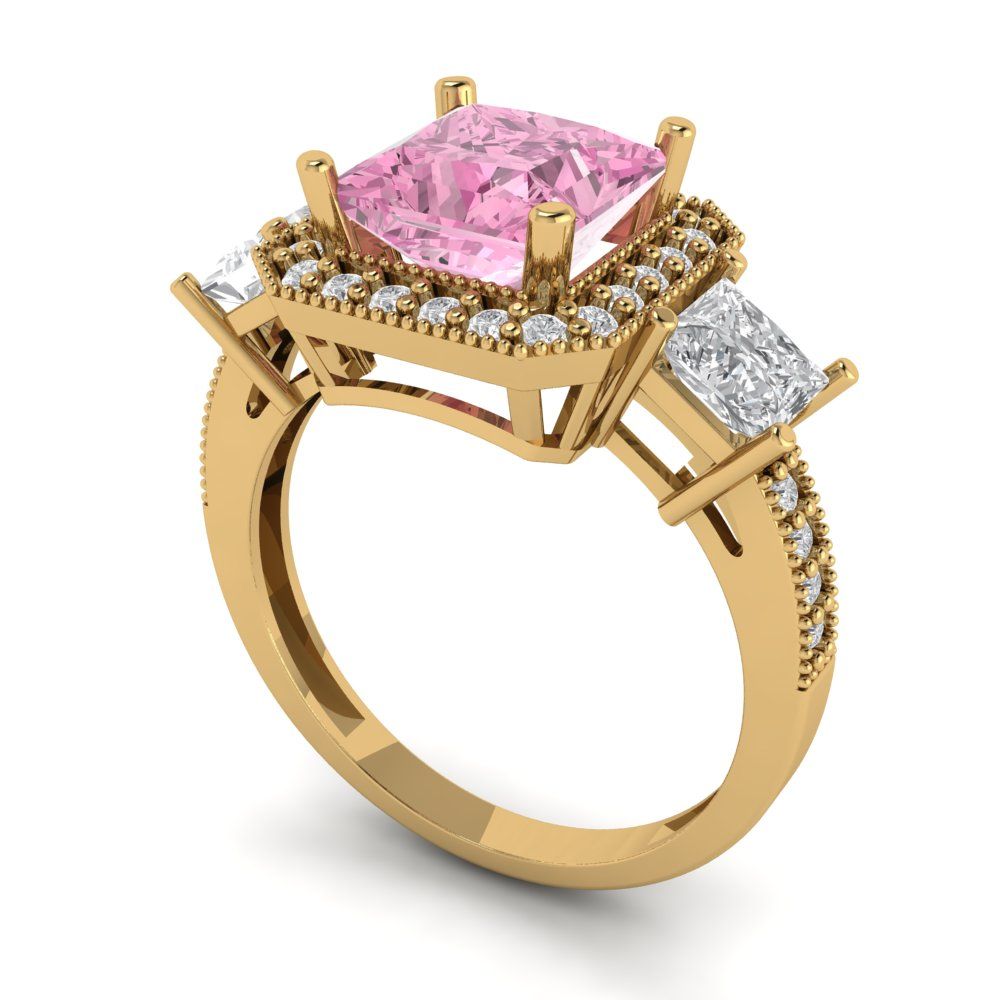 3.005 cttw Zirconia Simulated Pink Diamond Three-Stone Engagement Ring - Solid Gold (VVS1, Princess Cut,7.0mm)