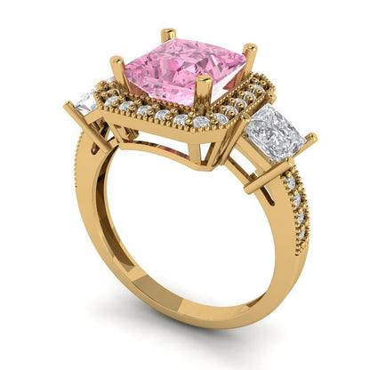 3.005 cttw Zirconia Simulated Pink Diamond Three-Stone Engagement Ring - Solid Gold (VVS1, Princess Cut,7.0mm)