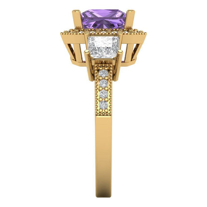 3.005 cttw Simulated Alexandrite Three-Stone Engagement Ring - Solid Gold (Princess Cut,7.0mm)