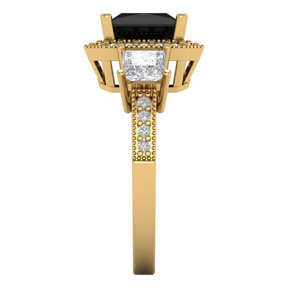 3.005 cttw Natural Onyx Three-Stone Engagement Ring - Solid Gold (Princess Cut,7.0mm)