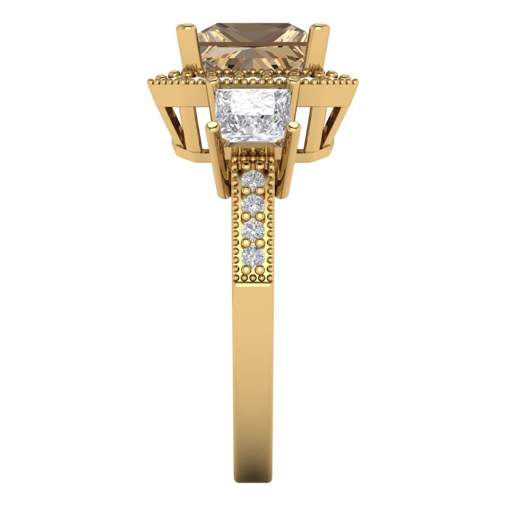 3.005 cttw Zirconia Simulated Champagne Diamond Three-Stone Engagement Ring - Solid Gold (VVS1, Princess Cut,7.0mm)