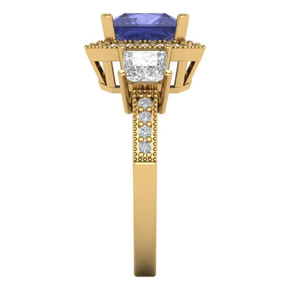 3.005 cttw Simulated Tanzanite Three-Stone Engagement Ring - Solid Gold (Princess Cut,7.0mm)