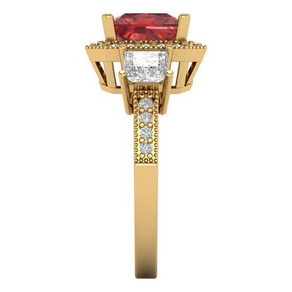 3.005 cttw Natural Garnet Three-Stone Engagement Ring - Solid Yellow Gold (VVS1, Princess Cut,7.0mm)