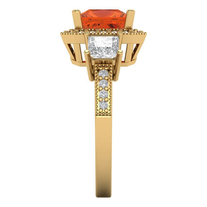 3.005 cttw Zirconia Simulated Red Diamond Three-Stone Engagement Ring - Solid Gold (VVS1, Princess Cut,7.0mm)