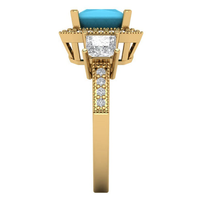 3.005 cttw Simulated Turquoise Three-Stone Engagement Ring - Solid Gold (Princess Cut,7.0mm)