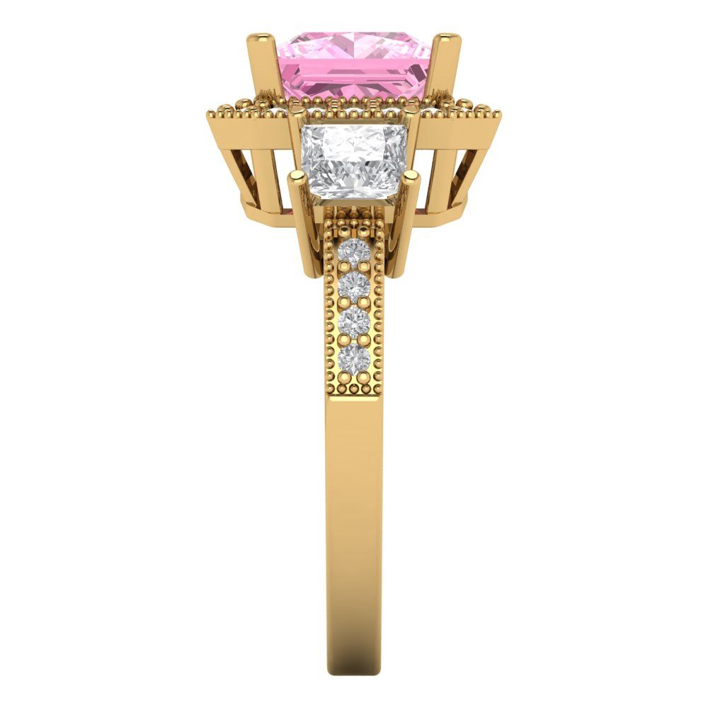 3.005 cttw Zirconia Simulated Pink Diamond Three-Stone Engagement Ring - Solid Gold (VVS1, Princess Cut,7.0mm)