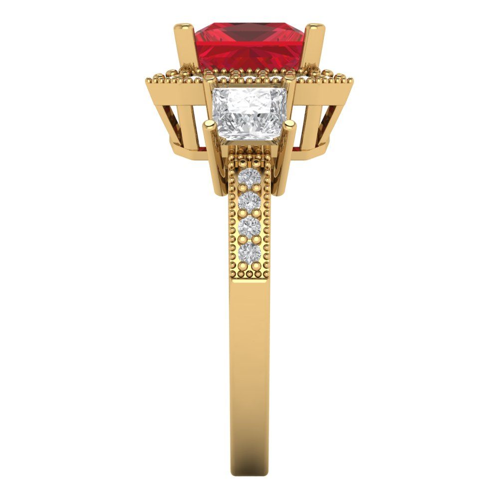 3.005 cttw Simulated Ruby Three-Stone Engagement Ring - Solid Yellow Gold (VVS1, Princess Cut,7.0mm)