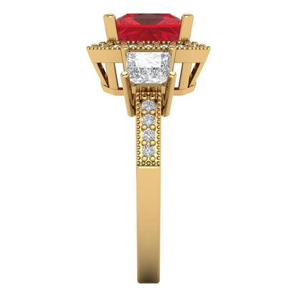 3.005 cttw Simulated Ruby Three-Stone Engagement Ring - Solid Yellow Gold (VVS1, Princess Cut,7.0mm)