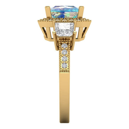 3.005 cttw Blue Moissanite Three-Stone Engagement Ring - Solid Gold (Princess Cut,7.0mm)