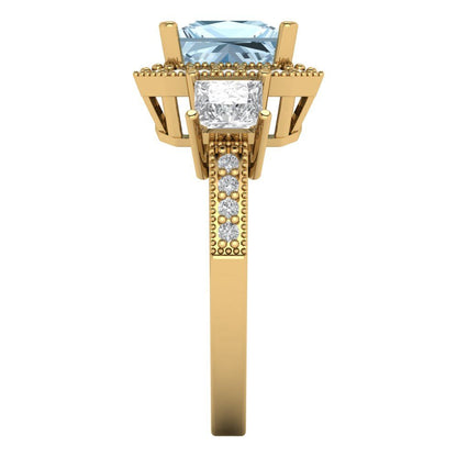 3.005 cttw Natural Aquamarine Three-Stone Engagement Ring - Solid Gold (Princess Cut,7.0mm)