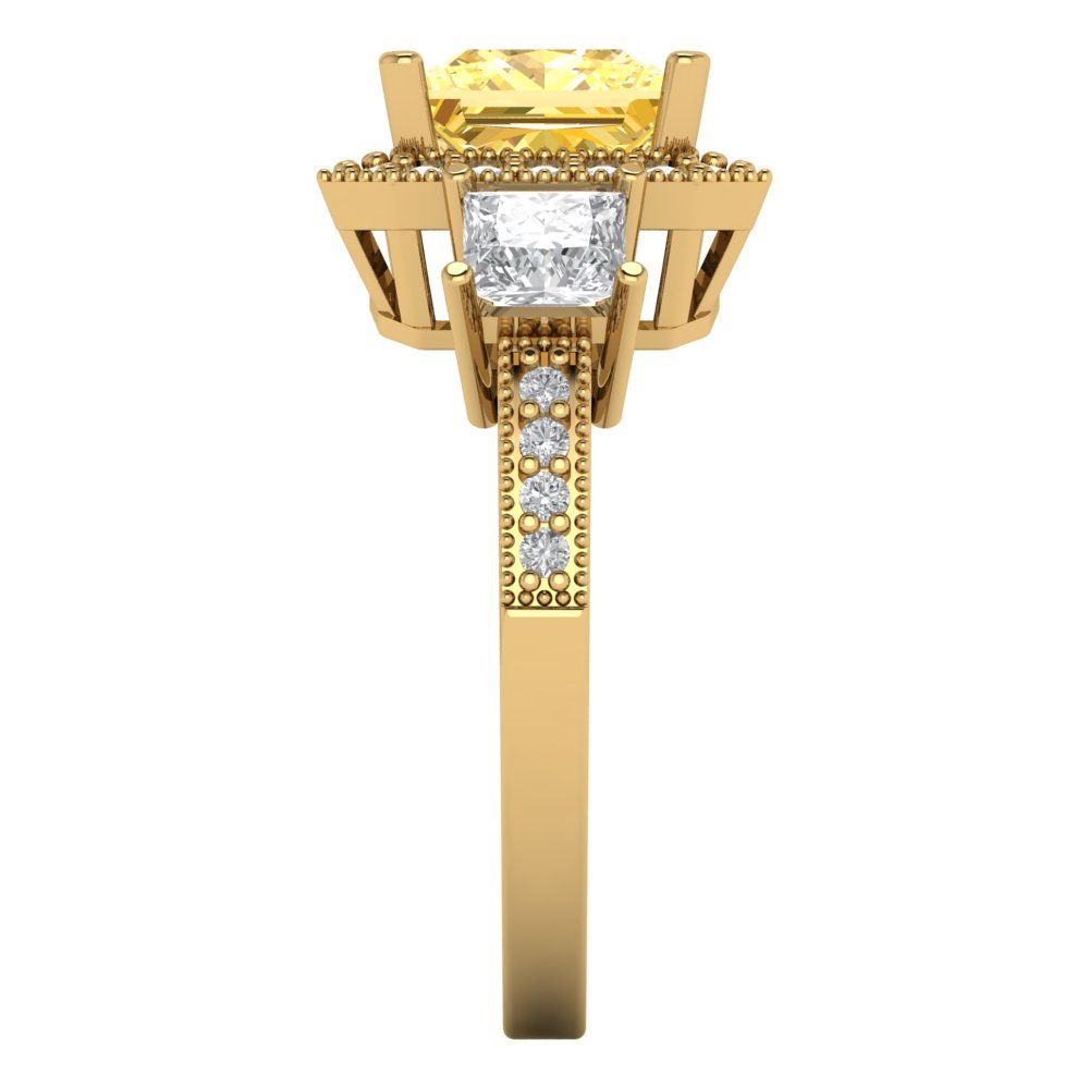 3.005 cttw Zirconia Simulated Yellow Diamond Three-Stone Engagement Ring - Solid Gold (VVS1, Princess Cut,7.0mm)