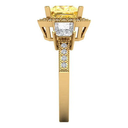 3.005 cttw Zirconia Simulated Yellow Diamond Three-Stone Engagement Ring - Solid Gold (VVS1, Princess Cut,7.0mm)