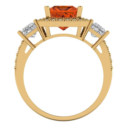 3.005 cttw Zirconia Simulated Red Diamond Three-Stone Engagement Ring - Solid Gold (VVS1, Princess Cut,7.0mm)