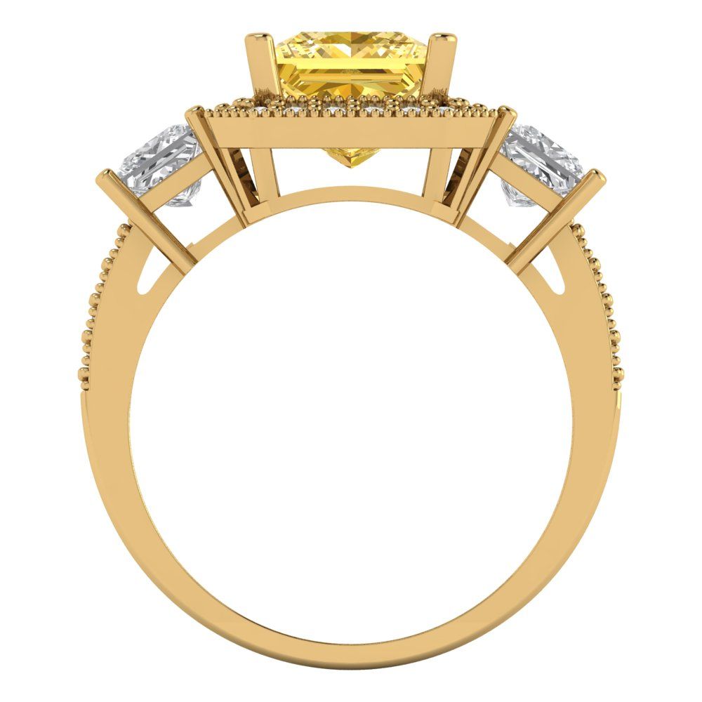 3.005 cttw Zirconia Simulated Yellow Diamond Three-Stone Engagement Ring - Solid Gold (VVS1, Princess Cut,7.0mm)