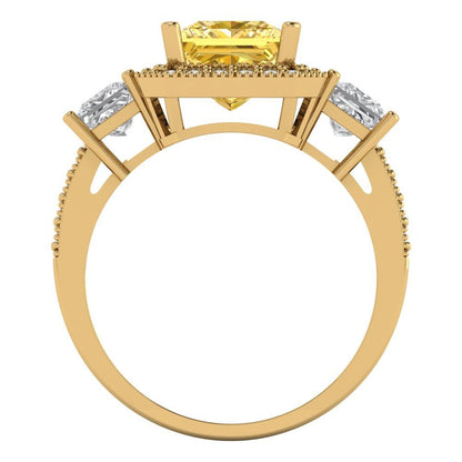 3.005 cttw Zirconia Simulated Yellow Diamond Three-Stone Engagement Ring - Solid Gold (VVS1, Princess Cut,7.0mm)