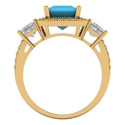 3.005 cttw Simulated Turquoise Three-Stone Engagement Ring - Solid Gold (Princess Cut,7.0mm)
