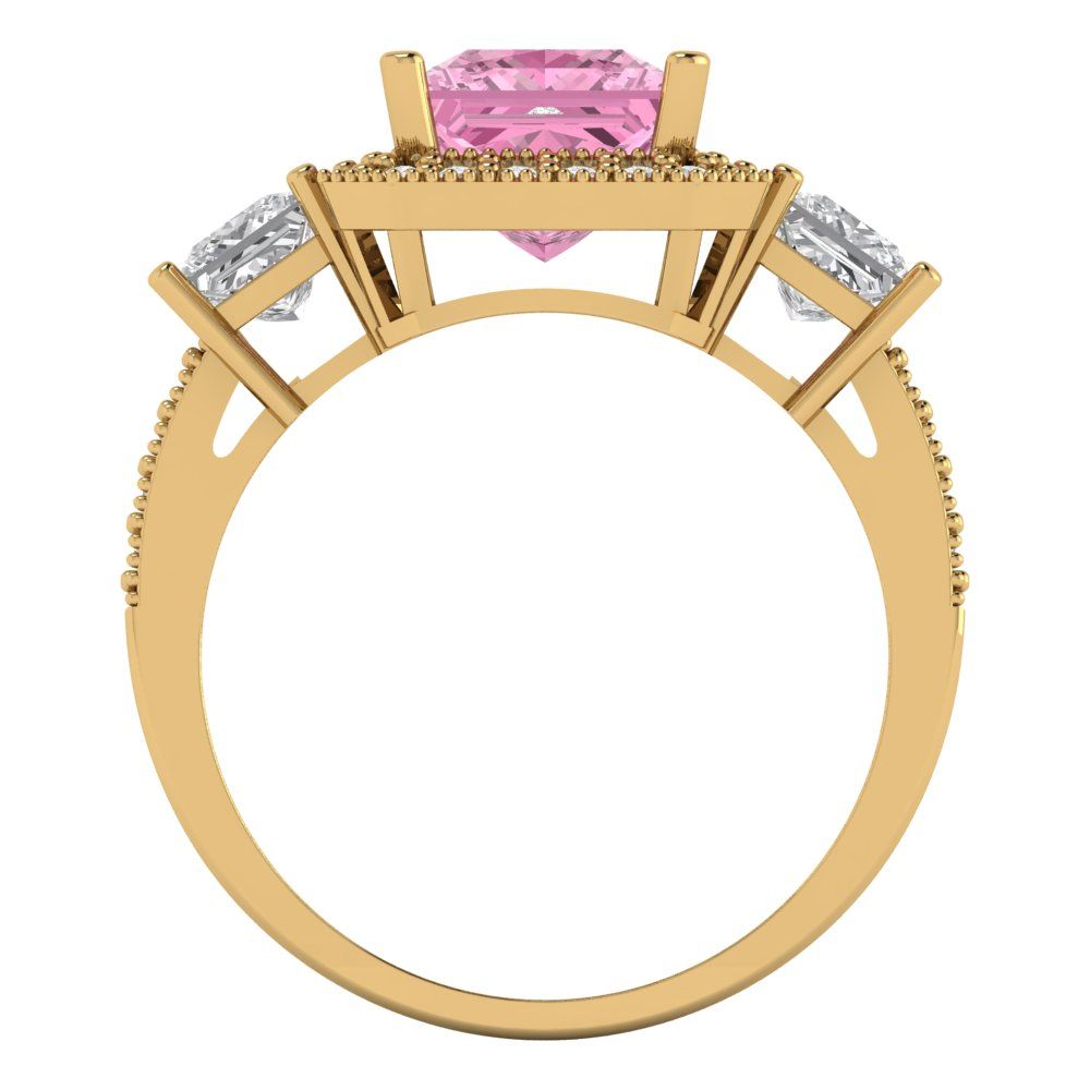 3.005 cttw Zirconia Simulated Pink Diamond Three-Stone Engagement Ring - Solid Gold (VVS1, Princess Cut,7.0mm)