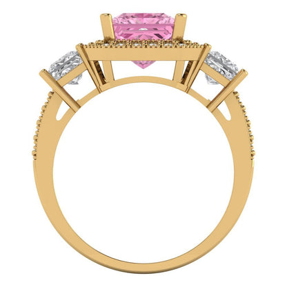 3.005 cttw Zirconia Simulated Pink Diamond Three-Stone Engagement Ring - Solid Gold (VVS1, Princess Cut,7.0mm)