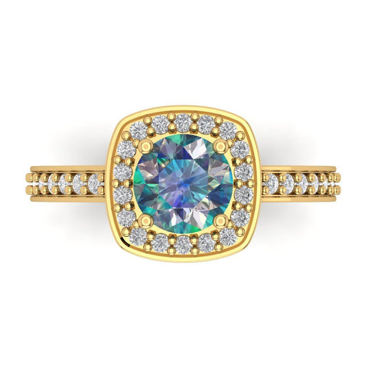 1.335 cttw Blue Moissanite Hidden Halo Engagement Ring - Solid Yellow Gold (VVS1, Round Cut,6.5mm)