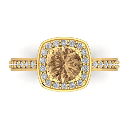 1.335 cttw Zirconia Simulated Champagne Diamond Hidden Halo Engagement Ring - Solid Gold (VVS1, Round Cut,6.5mm)