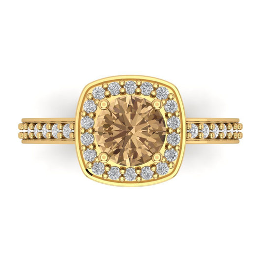 1.335 cttw Zirconia Simulated Champagne Diamond Hidden Halo Engagement Ring - Solid Yellow Gold (VVS1, Round Cut,6.5mm)