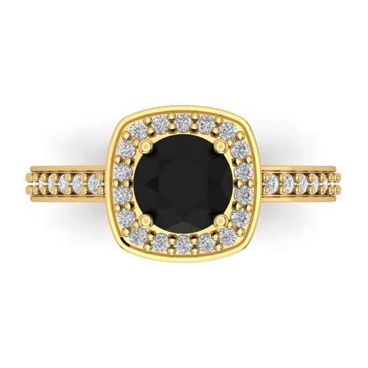 1.335 cttw Natural Onyx Hidden Halo Engagement Ring - Solid Yellow Gold (VVS1, Round Cut,6.5mm)