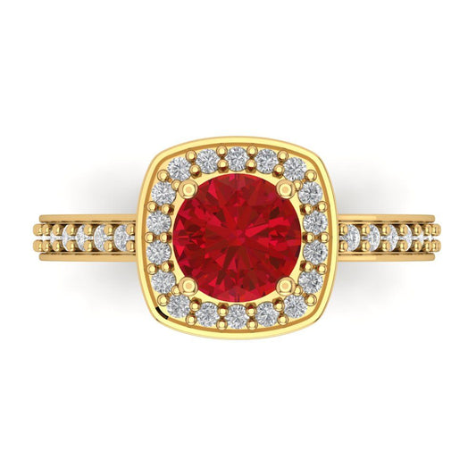 1.335 cttw Simulated Ruby Hidden Halo Engagement Ring - Solid Yellow Gold (VVS1, Round Cut,6.5mm)