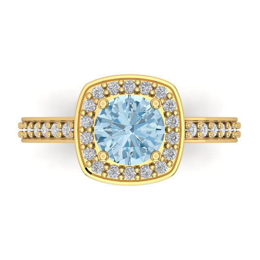 1.335 cttw Natural Swiss Blue Topaz Hidden Halo Engagement Ring - Solid Yellow Gold (VVS1, Round Cut,6.5mm)