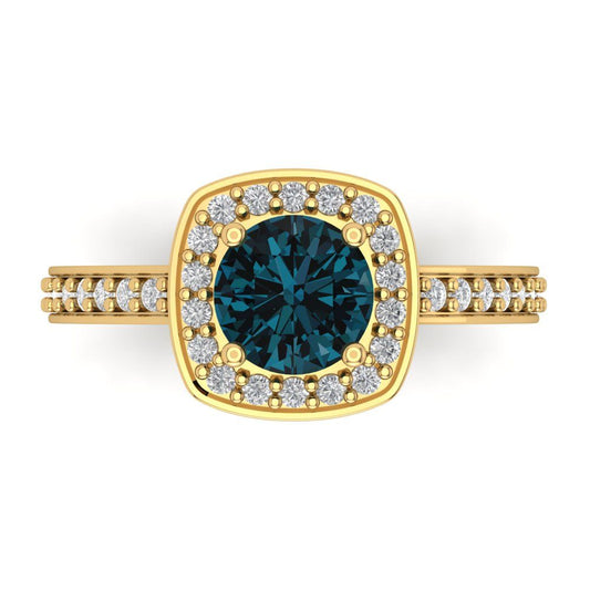 1.335 cttw Natural London Blue Topaz Hidden Halo Engagement Ring - Solid Yellow Gold (VVS1, Round Cut,6.5mm)