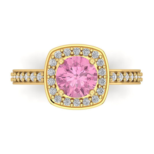 1.335 cttw Zirconia Simulated Pink Diamond Hidden Halo Engagement Ring - Solid Yellow Gold (VVS1, Round Cut,6.5mm)