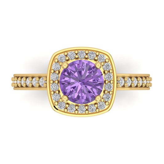 1.335 cttw Simulated Alexandrite Hidden Halo Engagement Ring - Solid Yellow Gold (VVS1, Round Cut,6.5mm)