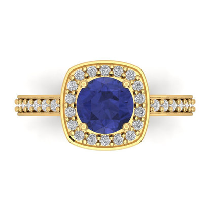 1.335 cttw Simulated Tanzanite Hidden Halo Engagement Ring - Solid Gold (Round Cut,6.5mm)