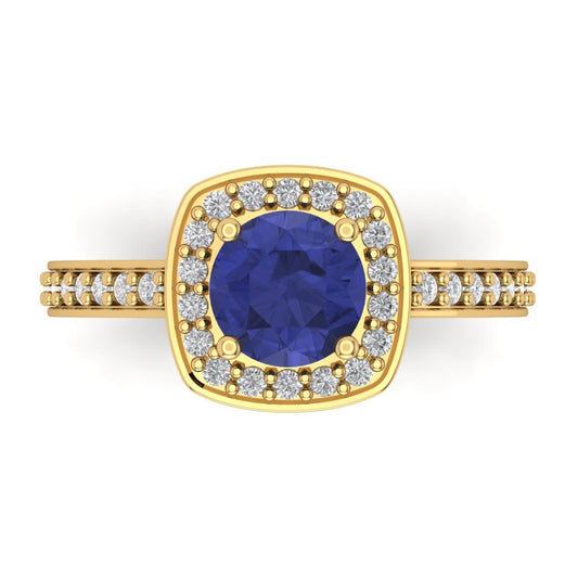 1.335 cttw Simulated Tanzanite Hidden Halo Engagement Ring - Solid Yellow Gold (VVS1, Round Cut,6.5mm)