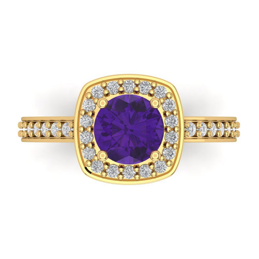 1.335 cttw Natural Amethyst Hidden Halo Engagement Ring - Solid Yellow Gold (VVS1, Round Cut,6.5mm)