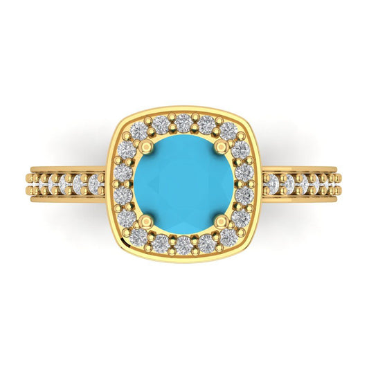 1.335 cttw Simulated Turquoise Hidden Halo Engagement Ring - Solid Yellow Gold (VVS1, Round Cut,6.5mm)