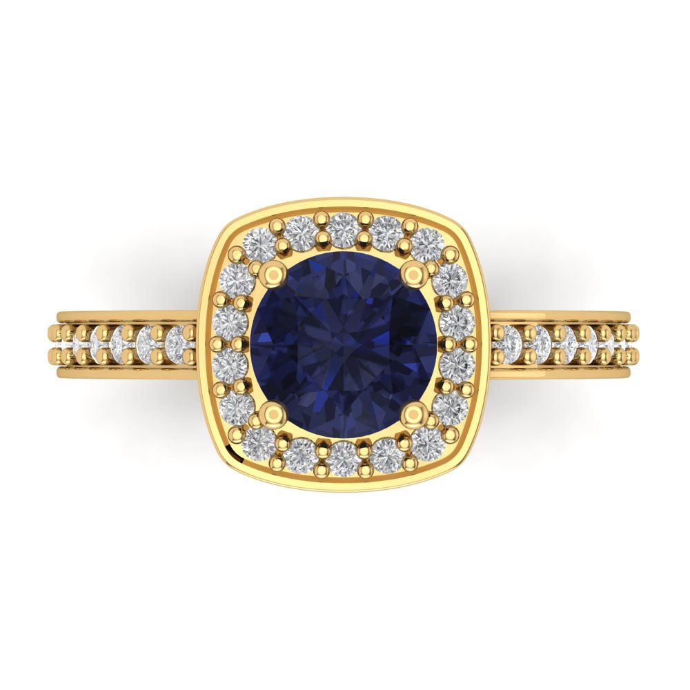1.335 cttw Simulated Blue Sapphire Hidden Halo Engagement Ring - Solid Gold (Round Cut,6.5mm)