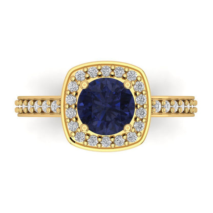 1.335 cttw Simulated Blue Sapphire Hidden Halo Engagement Ring - Solid Gold (Round Cut,6.5mm)