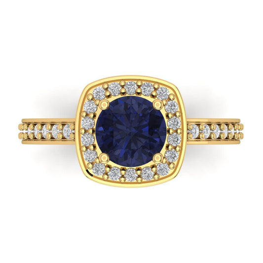 1.335 cttw Simulated Blue Sapphire Hidden Halo Engagement Ring - Solid Yellow Gold (VVS1, Round Cut,6.5mm)
