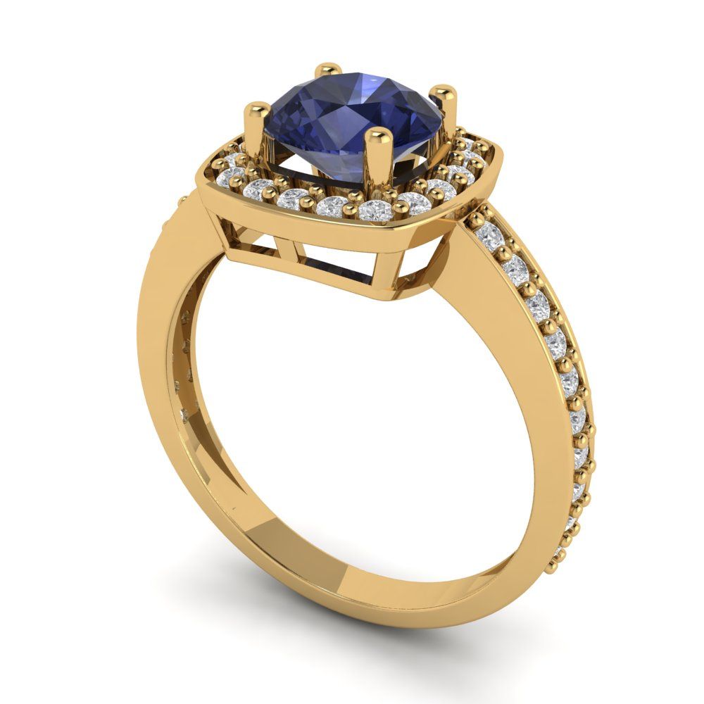 1.335 cttw Simulated Blue Sapphire Hidden Halo Engagement Ring - Solid Gold (Round Cut,6.5mm)