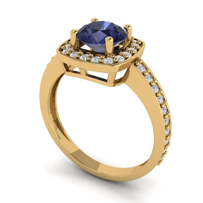 1.335 cttw Simulated Blue Sapphire Hidden Halo Engagement Ring - Solid Gold (Round Cut,6.5mm)