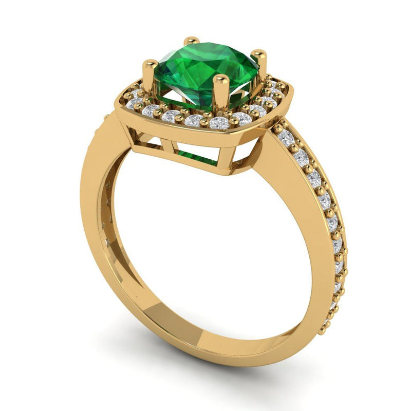 1.4 ct Brilliant Round Cut Simulated Emerald Stone Yellow Gold Halo Solitaire with Accents Ring