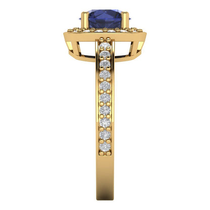 1.335 cttw Simulated Blue Sapphire Hidden Halo Engagement Ring - Solid Gold (Round Cut,6.5mm)