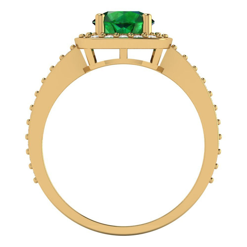 1.4 ct Brilliant Round Cut Simulated Emerald Stone Yellow Gold Halo Solitaire with Accents Ring