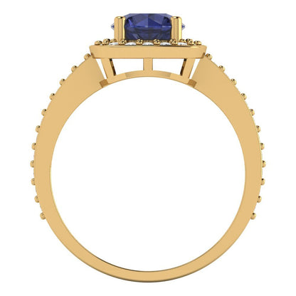 1.335 cttw Simulated Blue Sapphire Hidden Halo Engagement Ring - Solid Gold (Round Cut,6.5mm)