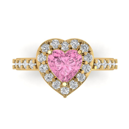 2.03 cttw Zirconia Simulated Pink Diamond Hidden Halo Engagement Ring - Solid Yellow Gold (VVS1, Heart Cut,7.0mm)