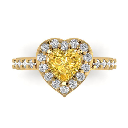2.03 cttw Zirconia Simulated Yellow Diamond Hidden Halo Engagement Ring - Solid Yellow Gold (VVS1, Heart Cut,7.0mm)