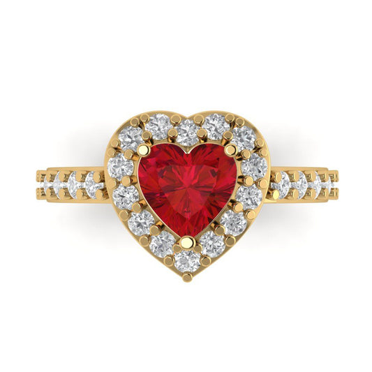 2.03 cttw Simulated Ruby Hidden Halo Engagement Ring - Solid Yellow Gold (VVS1, Heart Cut,7.0mm)