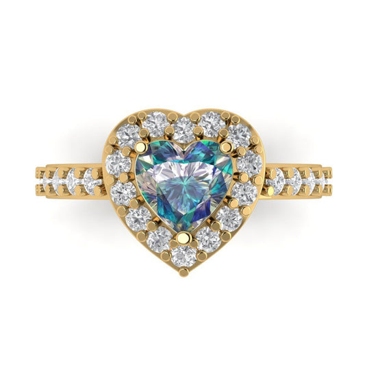 2.03 cttw Blue Moissanite Hidden Halo Engagement Ring - Solid Yellow Gold (VVS1, Heart Cut,7.0mm)