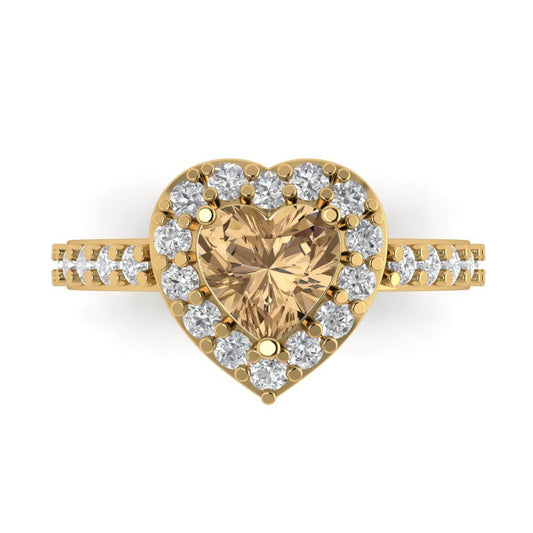2.03 cttw Zirconia Simulated Champagne Diamond Hidden Halo Engagement Ring - Solid Yellow Gold (VVS1, Heart Cut,7.0mm)